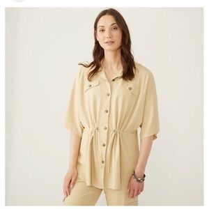 MarlaWynne Womens Tan Beige Shirt Jacket 2X 3/4 Kimono Sleeve Minimalist Neutral